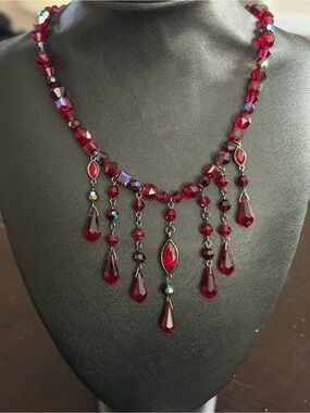 Vintage SWAN Signed SWAROVSKI Deep Red Chandelier STATEMENT Cascading Necklace